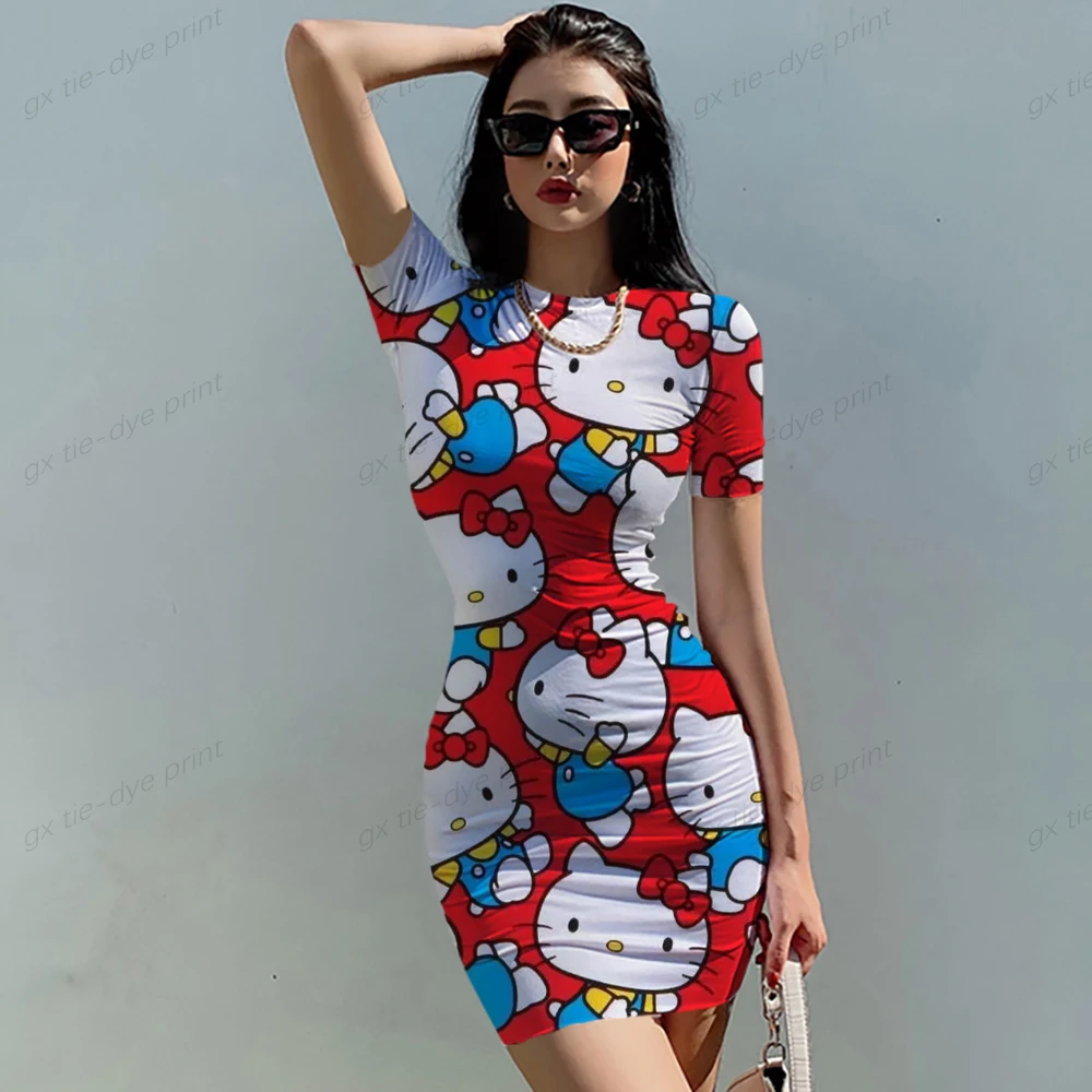 

Women Dress Summer Fashion Sexy O-Neck Wrapped Hip Hello Kitty Print Women's Dress Printed Tight Sleeveless Short Dress