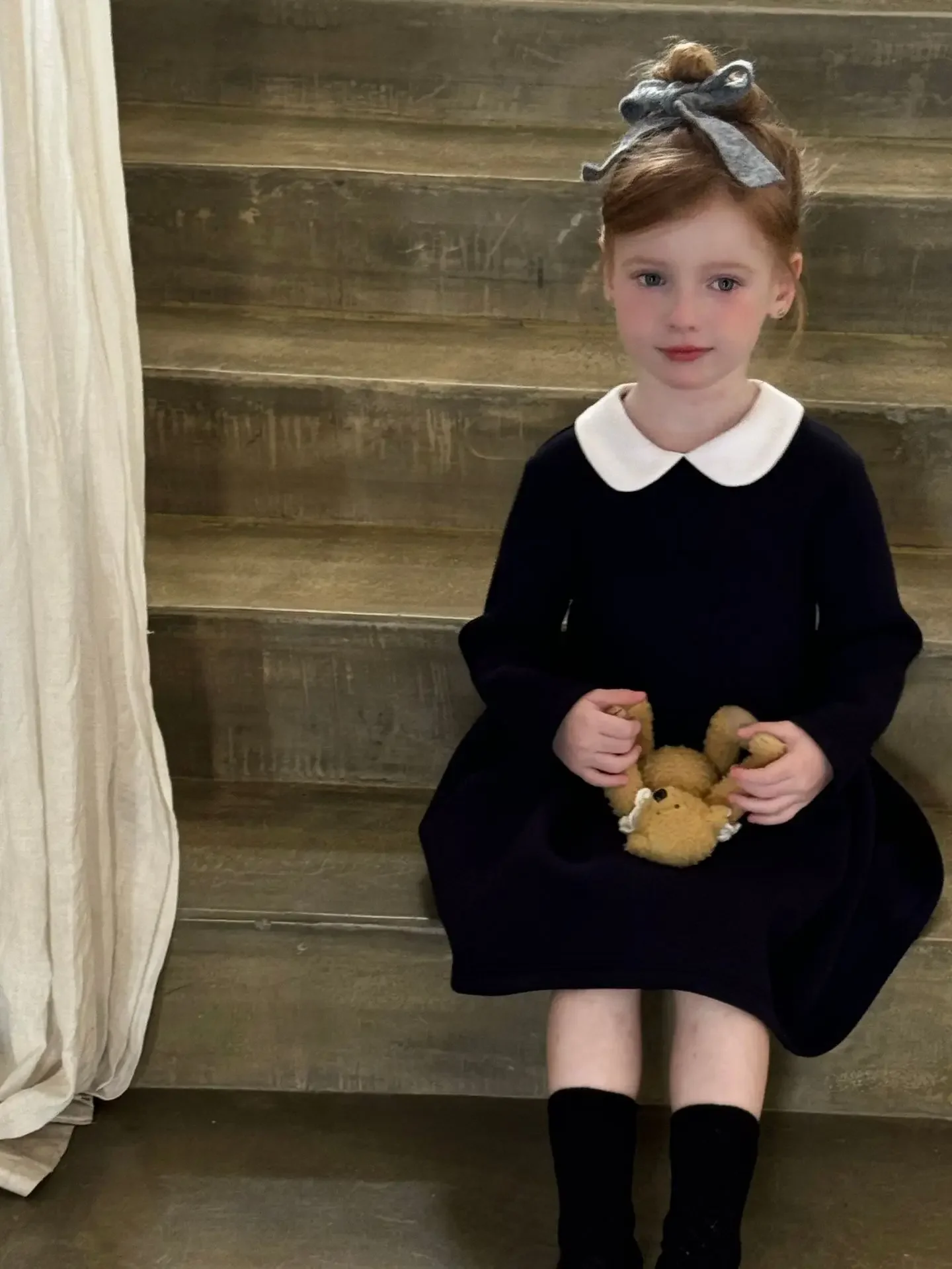 Girls Turn-down Collar Knitted Dress 2024 Autumn New Children Patchwork Peter Pan Collar Long Sleeve Dress