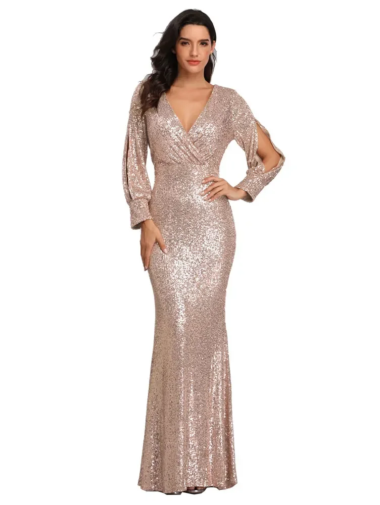 Women\'s V Neck Long Sleeve Sparkling Sequins Mermaid Evening Sleeve Ball Gown Mermaid Skirt For Date Formal Wear Women Elegant