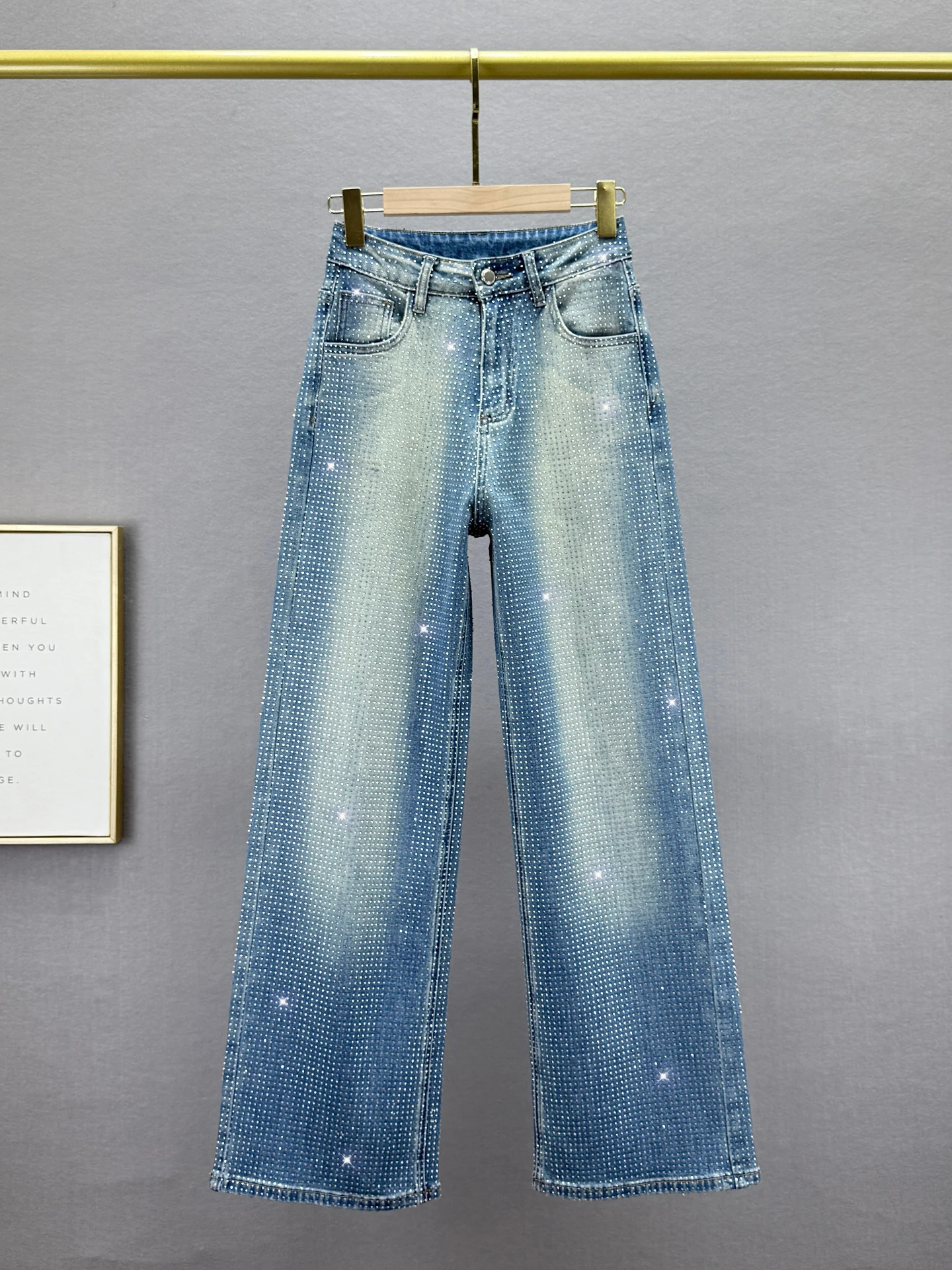 

High Waist Straight Leg Denim Jeans Women's Trendy Spring New Ins Station Manager Pants Diamond Embellied Cotton Stretch