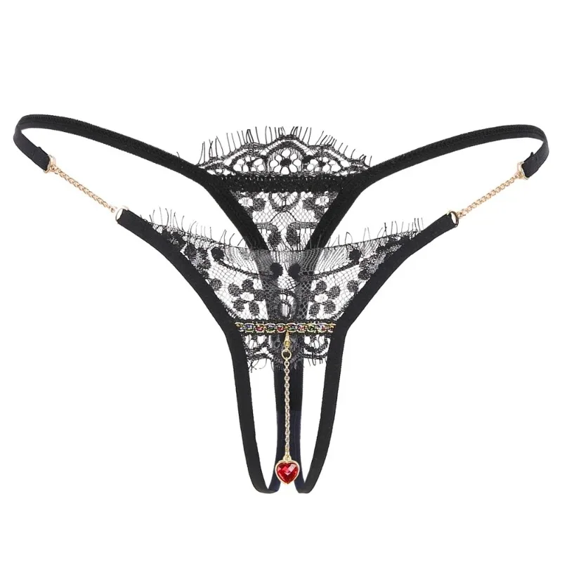 Pearl Pendant Open Thongs Women Underwear Crotchless Embroidery G String Tanga Briefs Lace Transparent Sexy Lingerie