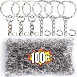Metal Split Ring with Short Chain Key Rings Key Chains Women Men Polished Silver Color Stainless Steel 25mm DIY Keyring Keychain