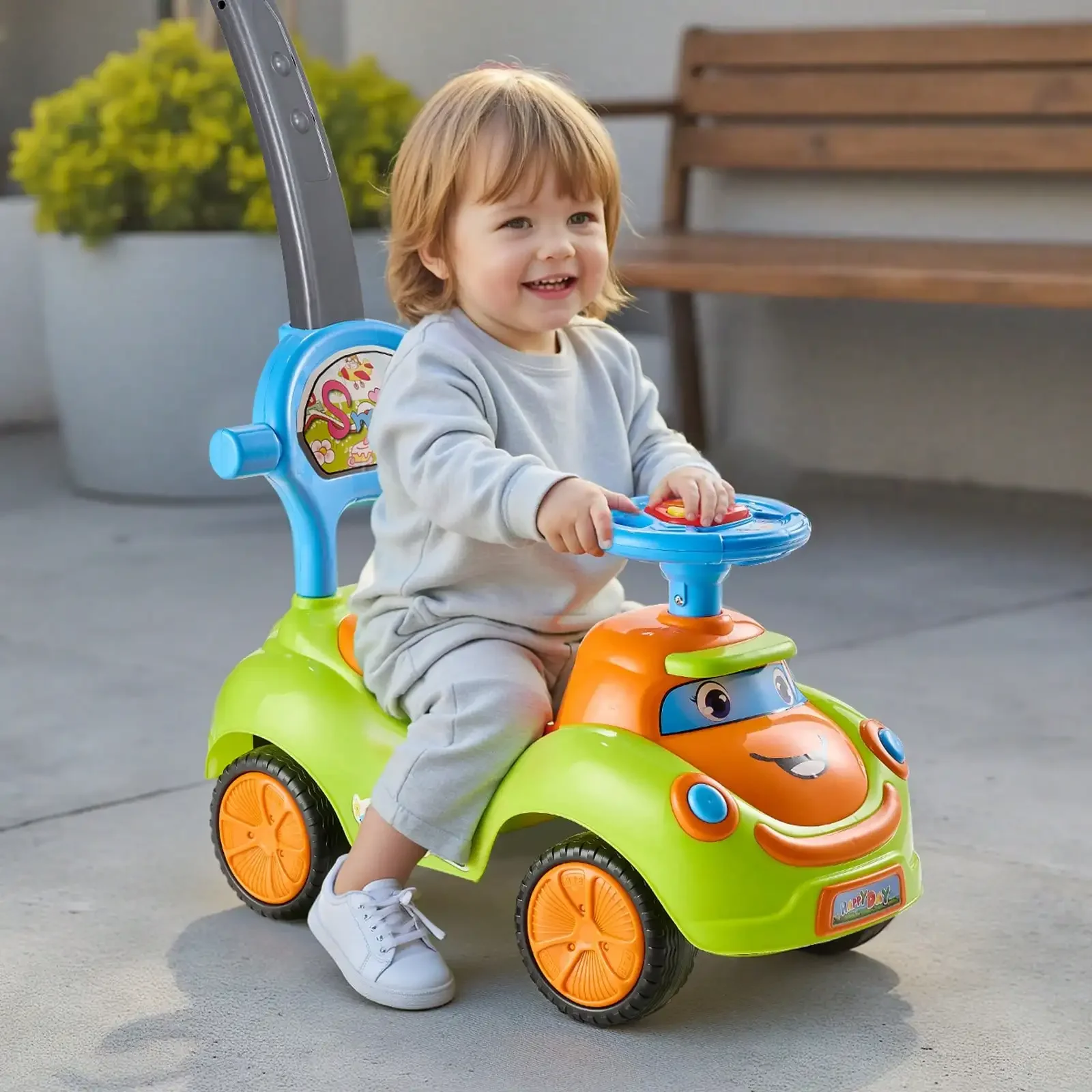 Toddler Ride‑On Push Car for 19‑36 Months Kids, Foot‑to‑Floor Around Buggy Toy with Guardrails, Push Handle & Under‑Seat Storage, 55 Lbs Weight Capacity, Safe Walker Ride‑On Vehicle, Green Color, Fun Indoor Outdoor Play Toy, Perfect Birthday Holiday