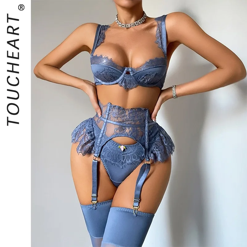 Toucheart Erotic Lingerie French Elegant Blue High-end Lace Hollow See-through Sexy Body-shaping Women Hot Underwear Split Set view 2