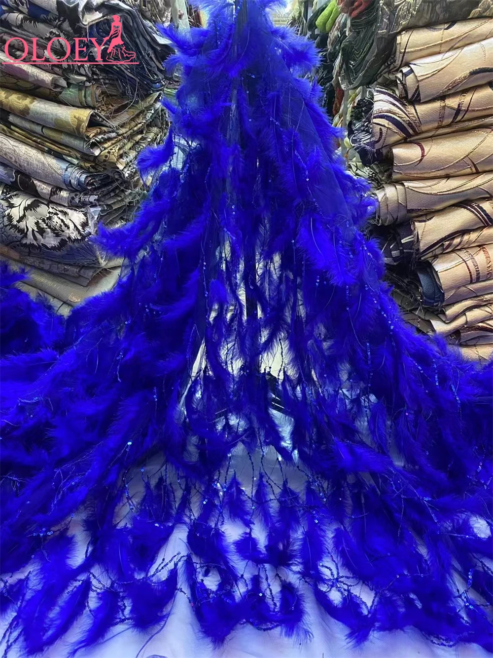 Latest Luxury Elegant African Feather Beaded Lace Fabric Embroidery With Sequins Nigerian Tulle For Wedding Party Long Dress