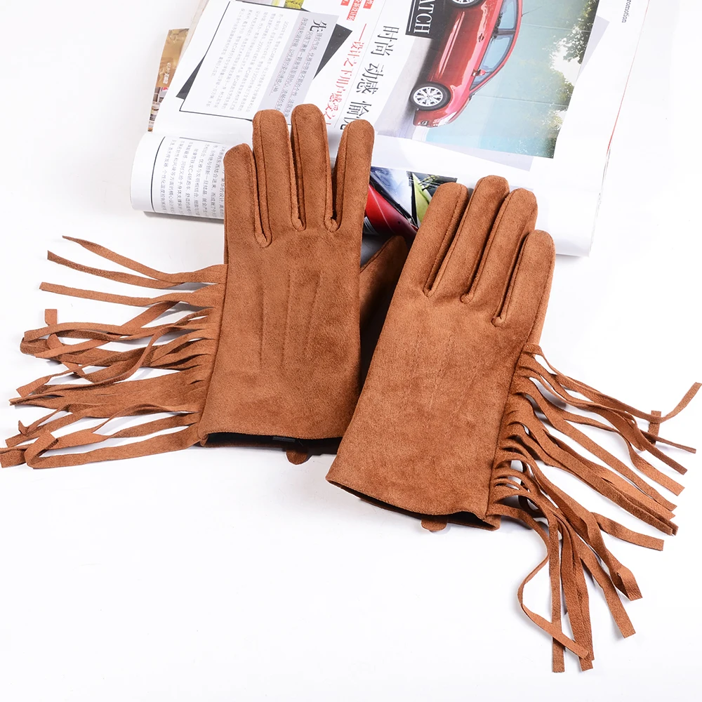 Women\'s Ladies Genuine Suede Leather Tassel Short Gloves  Warm Velvet Punk Show  Classic Luvas