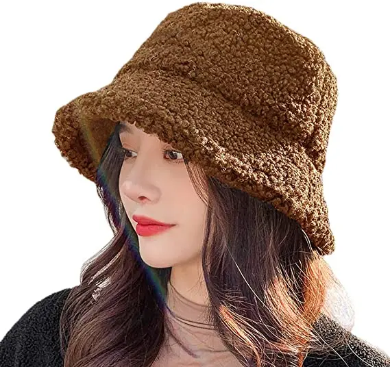 Lamb Wool Faux Female Hat Fur Warm Female Hat Faux Fur Winter Women\'s Bucket Hat Fisherman Outdoor Sun Hat Panama Lady Hat Cap