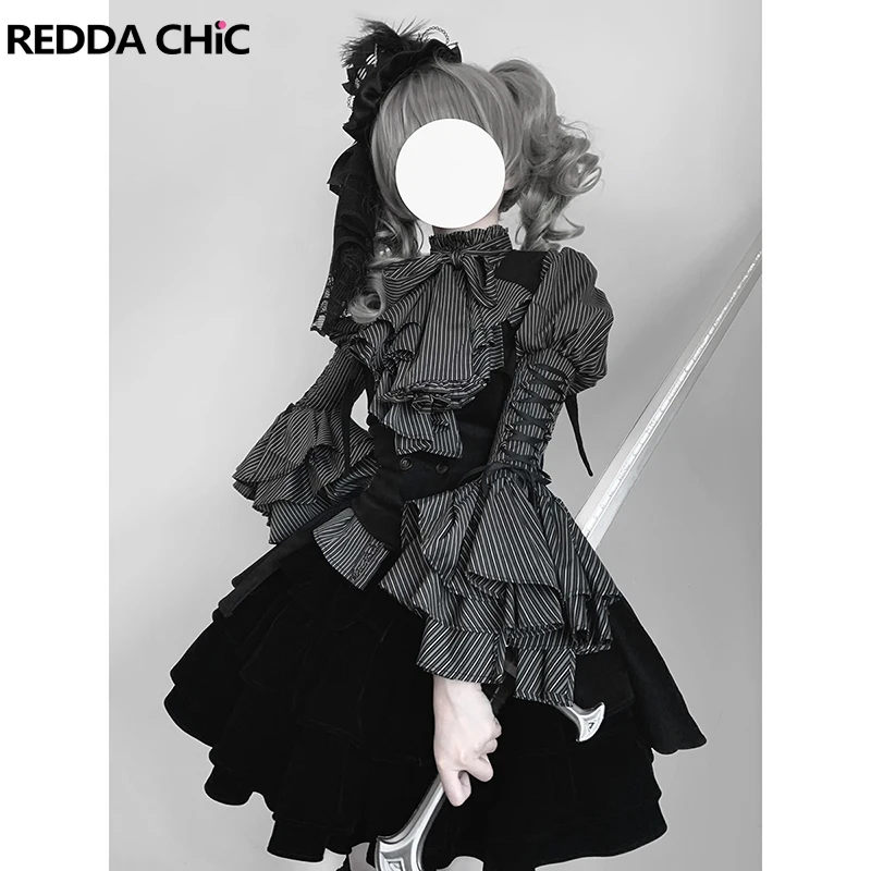 

ReddaChic Лолита с воротником жабо, блузка, костюм, жилет, юбка-тортик, женский комплект, нижняя юбка, мини-бархатная юбка, вампир, стимпанк, готический костюм