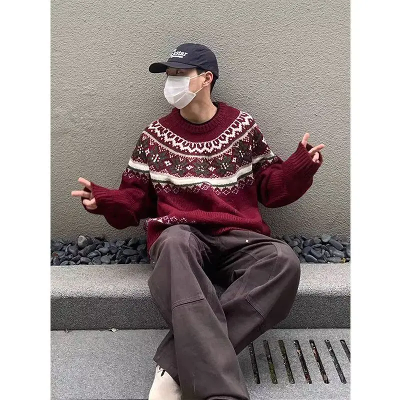 

Новый мужской зимний свитер Fair Isle в американском винтажном стиле, свободного кроя, с вышивкой, из полиэфирного волокна