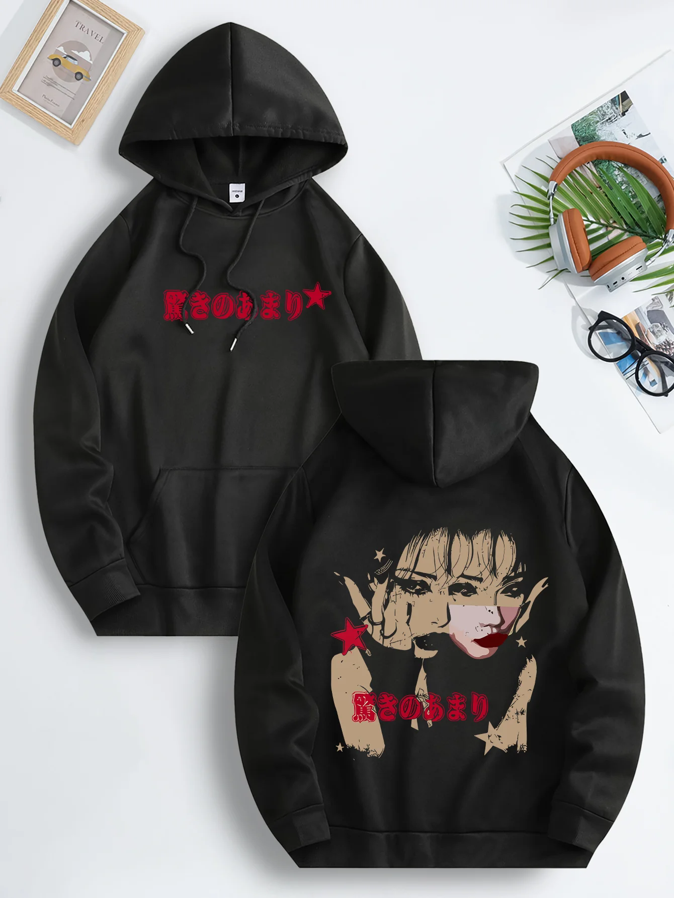Unisex Anime Girl Star Graphic Hoodie Front Back Dual‑Side Print Vintage Japanese Street Style Loose Casual Pullover Sweatshirt