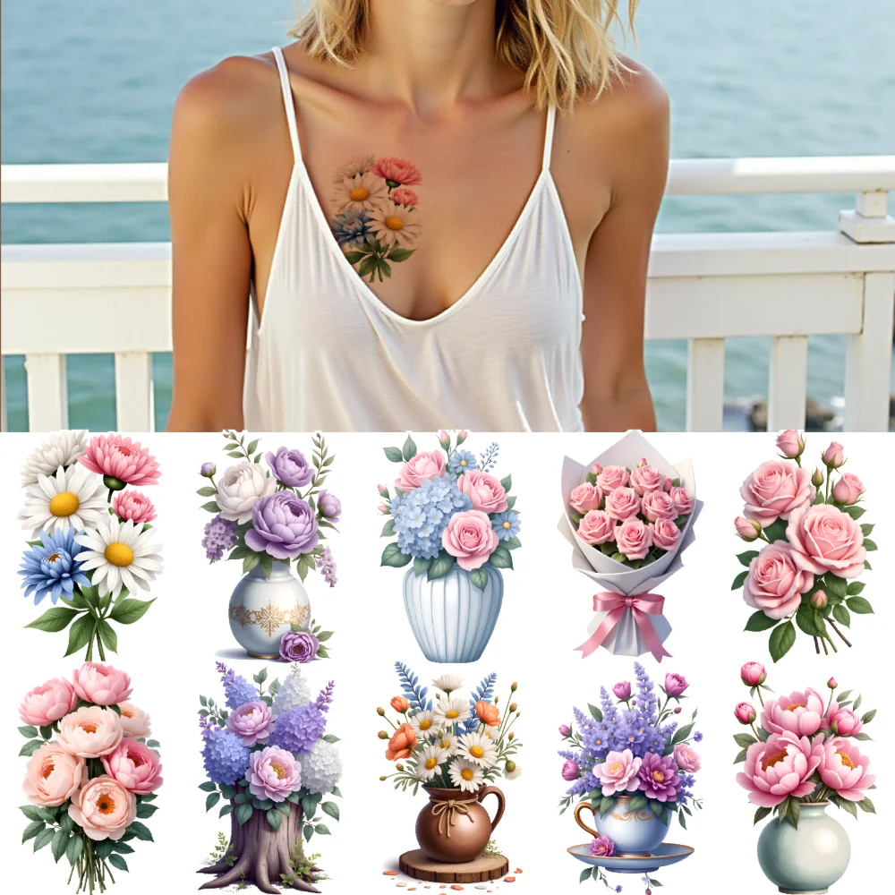 

9pcs Temporary Tattoo Flower Arrangements Waterproof Long-lasting Body Stickers Floral Designs Illustration For Adults Cheeks