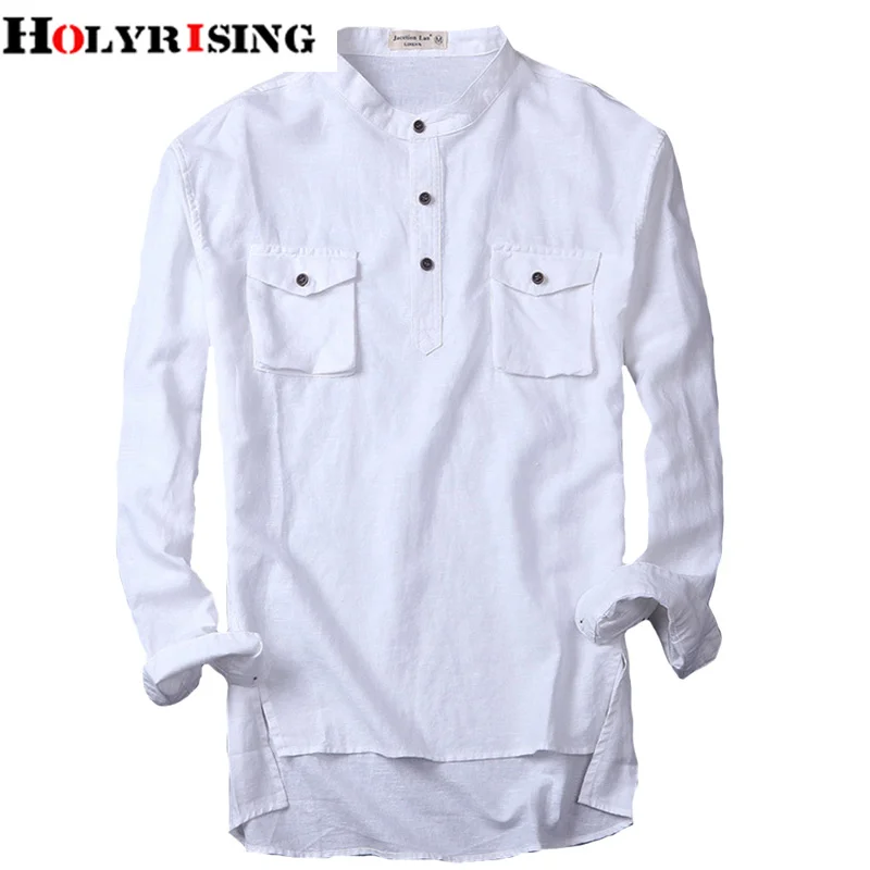 

Holyrising Men Shirts Leisure Streetwear Long Sleeve Linen Irregular Blouse Stand Collar Breathable Shirt For 18807-5