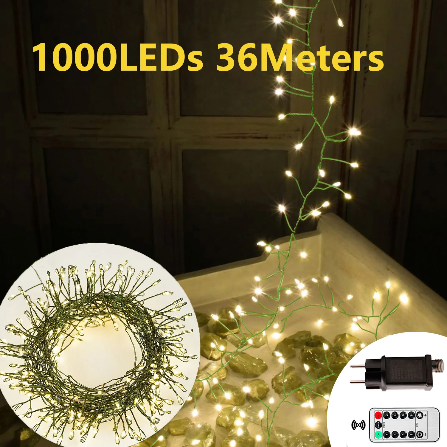 36M/1000 LED Cluster Wedding String Lights Outdoor Decoration Indoor Garden Tree Plug Wedding 220V Holiday Lighting Decor