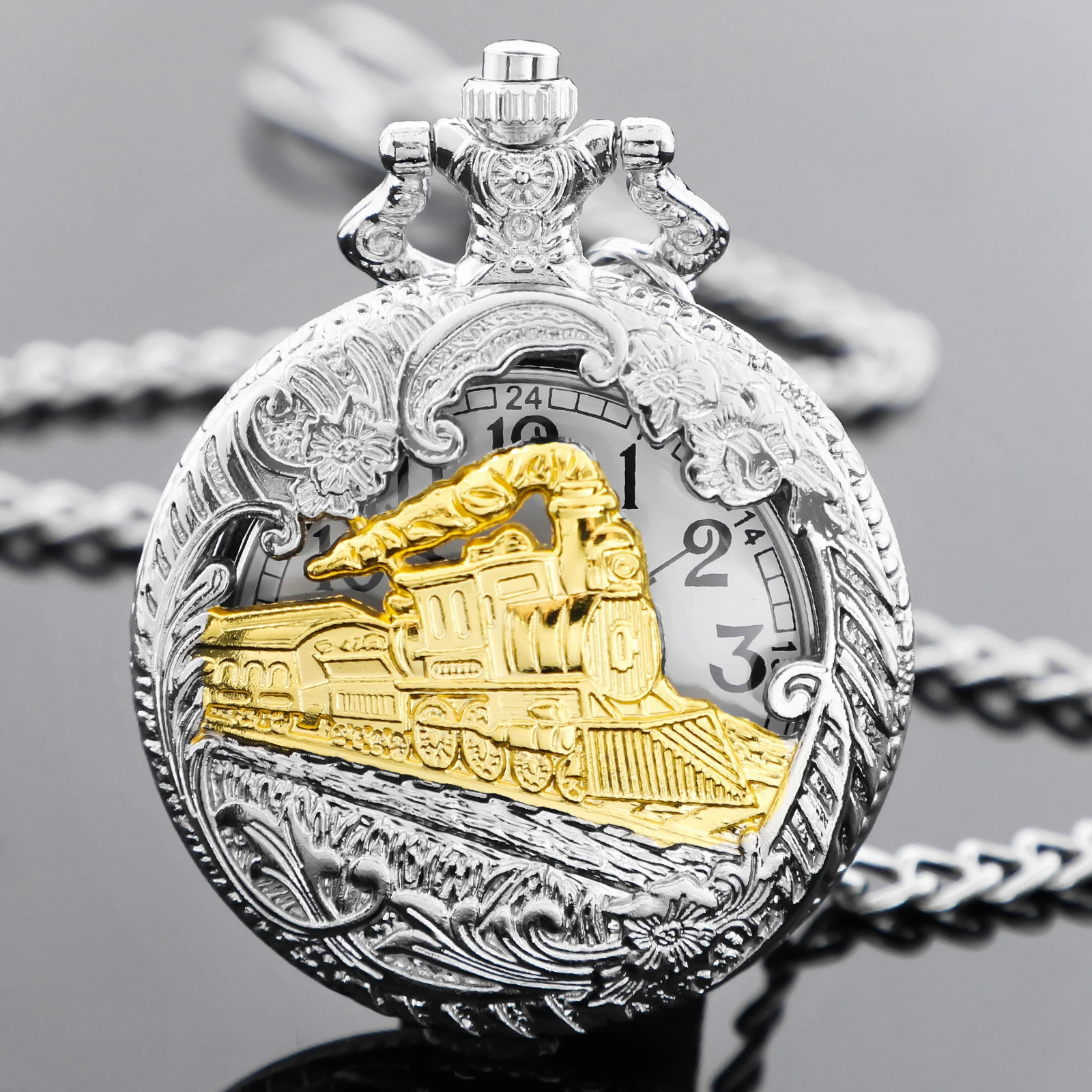 Silver Antique Steam Train Design Pocket Watch with Fob Chain Necklace Vintage Quartz Pendant Watches Clock for Mens Women