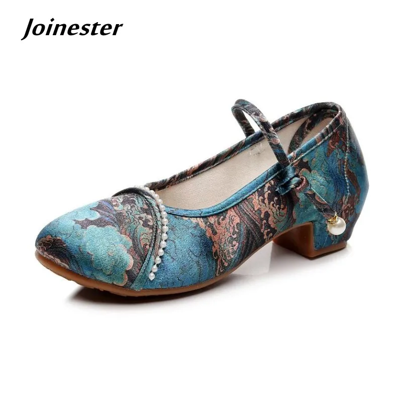 Ladies Embroidered Mid Heel Dress Shoe Ankle Button Strap Mary Jane Pumps for Women Summer Autumn Round Toe Fabric Shoes