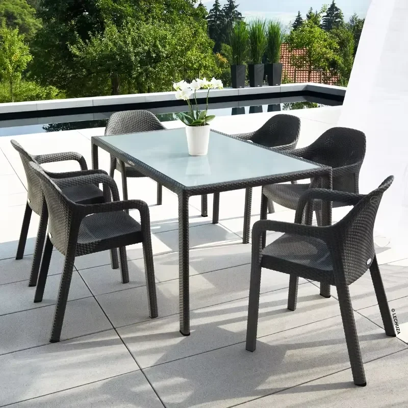 Garden Rattan Wicker Glass Top Dining Table Set 4 6 Stackable Chairs Patio Furniture Garden Set