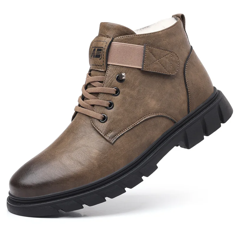 

Winter New Designer Leather Boots Men Fashion Solid Color Keep Warm Cotton Shoes Male Lace High-top Non-slip Outdoor Boots Man