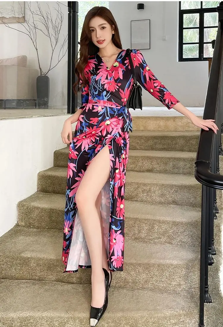 FANIECES Sexy V Neck One Piece Long Wrap Dress Vintage Flower Print Half Sleeve Slim V Neck Maxi Dress Summer Holiday Beachwear