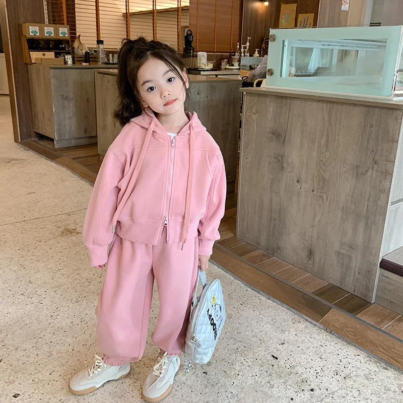 Baby Girl Clothes Suit Girls Casual Korean Double Zipper Hoodie Drawstring Ankle Sweatpants Fashion Casual Two-piece Set