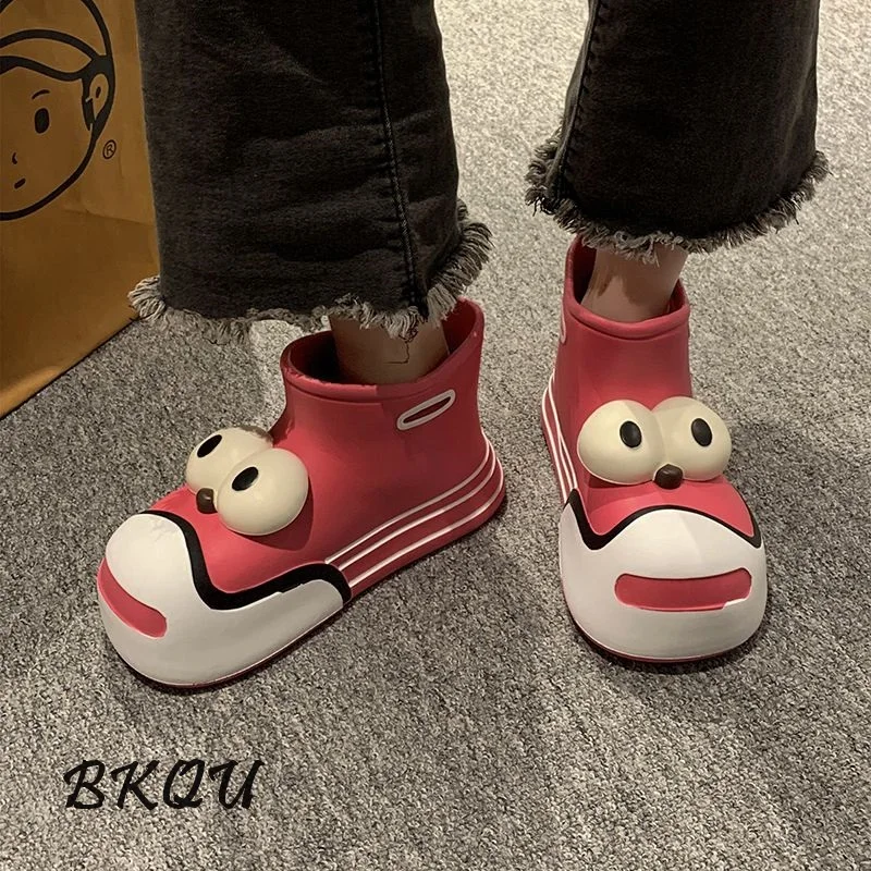 BKQU Cute Funny Big Eyes Rain Shoes Ins High Appearance Level 2024 Spring New Clown Short Outside Wearing Ankle Boots