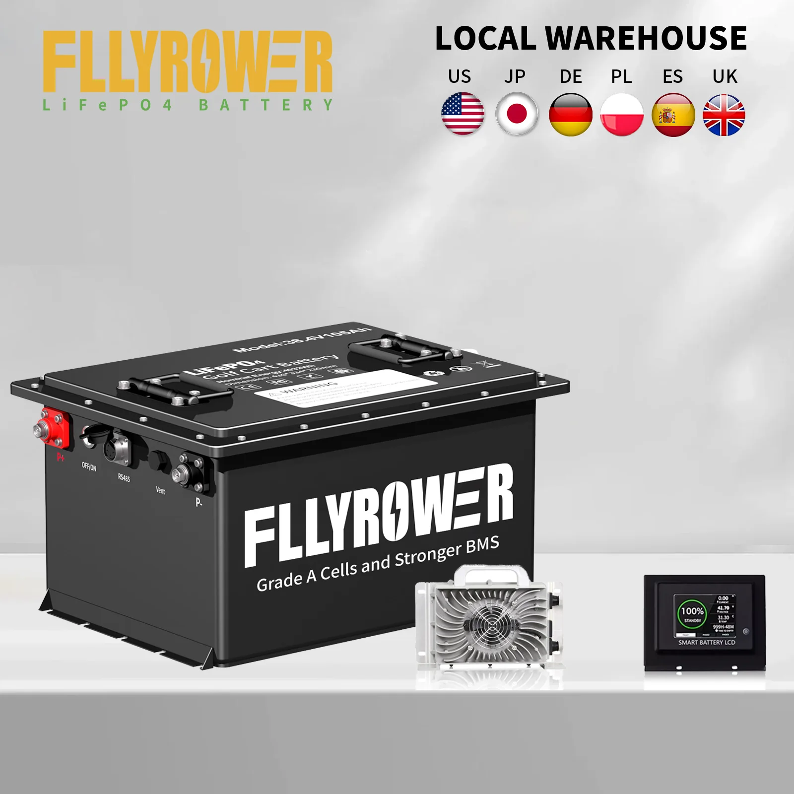 FLLYROWER 36v 105ah Golf Car LiFePO4 Lithium Battery With Charger 200A BMS Bluetooth 8000+ Cycles For Golf Cart Club Car EZGO