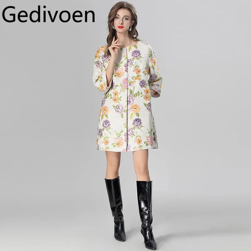 

Gedivoen Romantic Daily Basic Vacation Style Women's Coat Three Quarter Sleeve Single-Breasted Beading Flower patterns Overcoat
