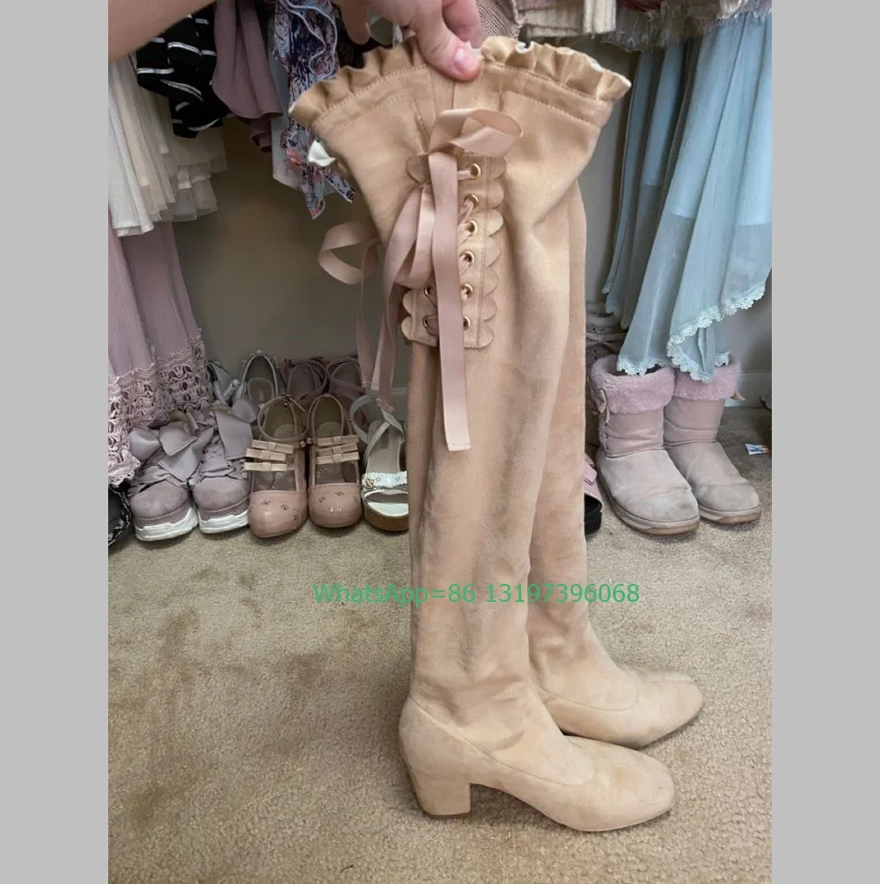 Lady Suede Lace-Up Pink Ove The Knee Boots Elegant Size 35-46 Chunky Heel Suede Fall Dress New Arrive Boots Mary Janes Boots 46