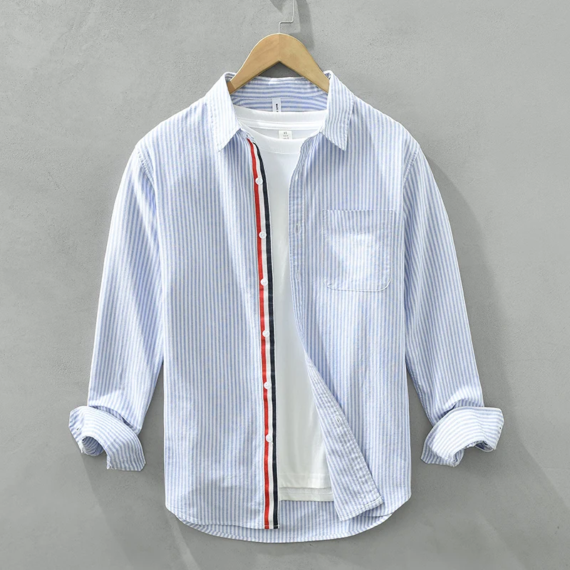 Casual Striped Shirts for Men Cotton Turn-down Collar Single Breasted Shirt 2023 Spring Autumn New