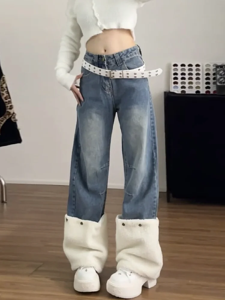 

American Style Detachable Plush Splicing Wide Leg Jeans Women Design High Waist Loose Slim Straight Floor-Length Pants