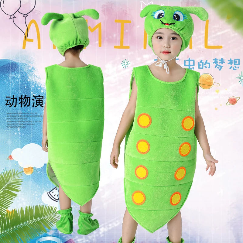 Children's Cosplay Costume Butterfly Larvae Jumpsuits Drama Cartoon Caterpillar Transformation Stage Dancing Dress Set Hat Shoe