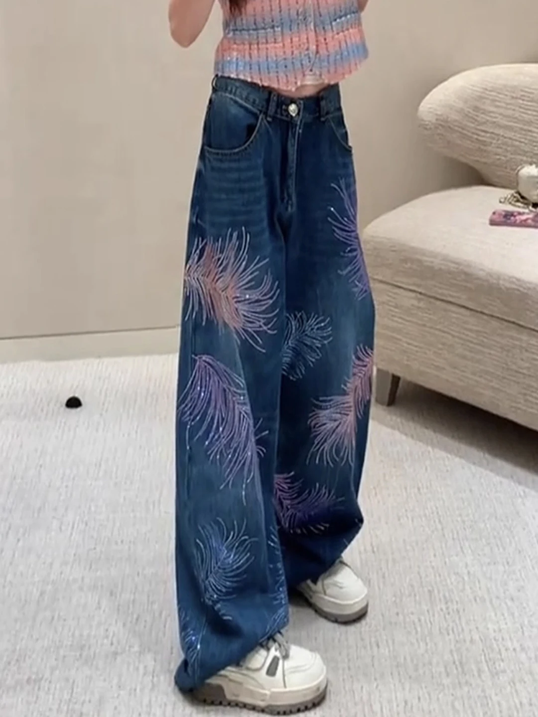 

High Waist Wide Leg Jeans Women's Spring New Korean Sle Feather Embellied Diamond Casual Floor Length Loose Fit Pants