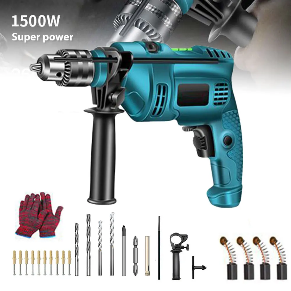 Trapano elettrico da 1500 W, trapano a percussione, utensile multifunzionale per uso domestico, ideale per tagliare legno, metallo e pietra, per forare pareti, set di utensili elettrici.