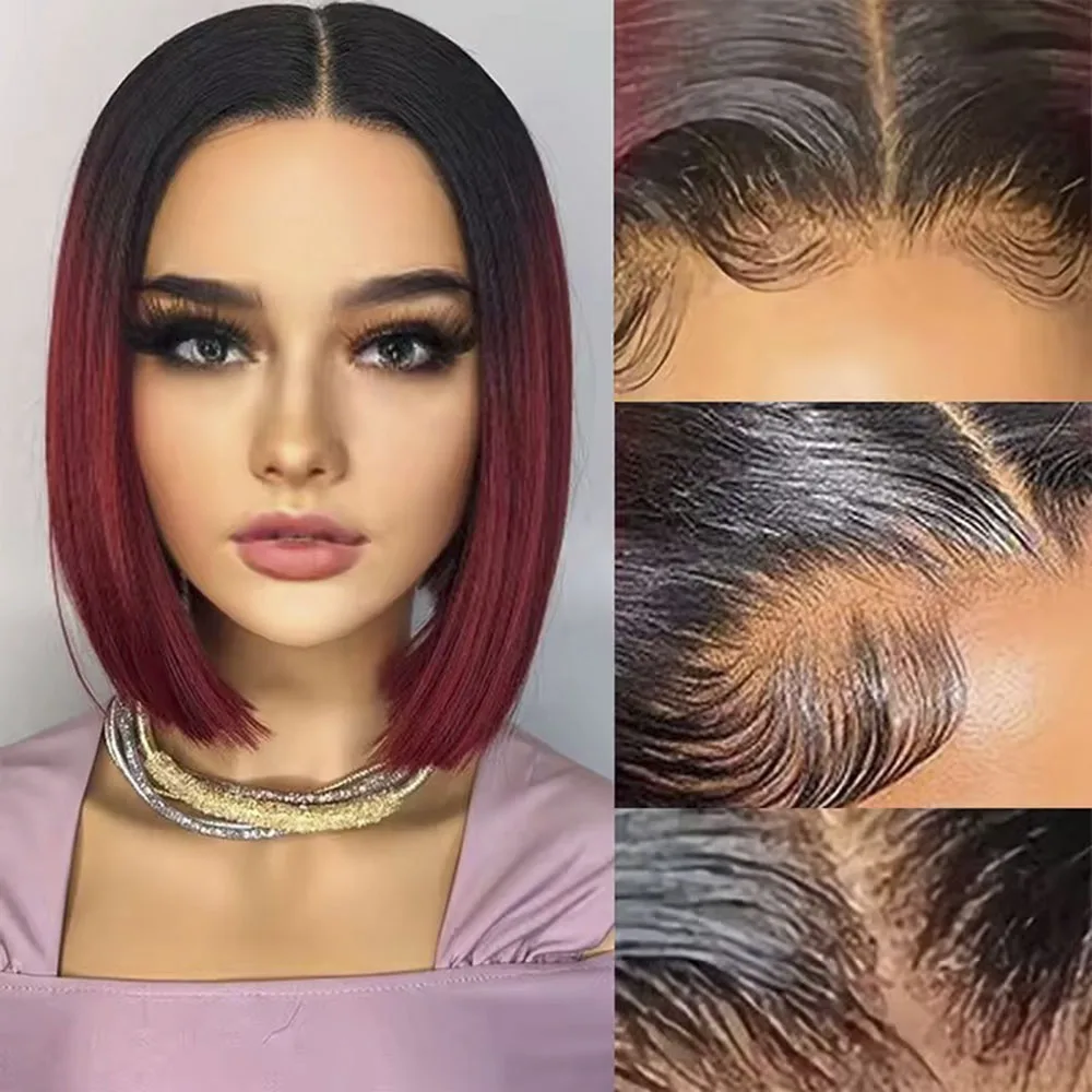 13x4 الدانتيل أمامي 1B/99J بورجوندي الجسم موجة بوب خصلات الشعر المستعار الإنسان البرازيلي خصلات الشعر المستعار الإنسان قبل قطعها T جزء الدانتيل الباروكات شعر ريمي #5