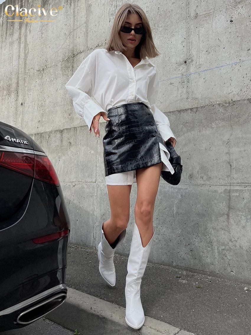 Clacive Fashion Loose White Womens 2 Piece Outfit Set 2023 Elegant Long Sleeve Shirt With High Waist Minin Skirts Set Streetwear