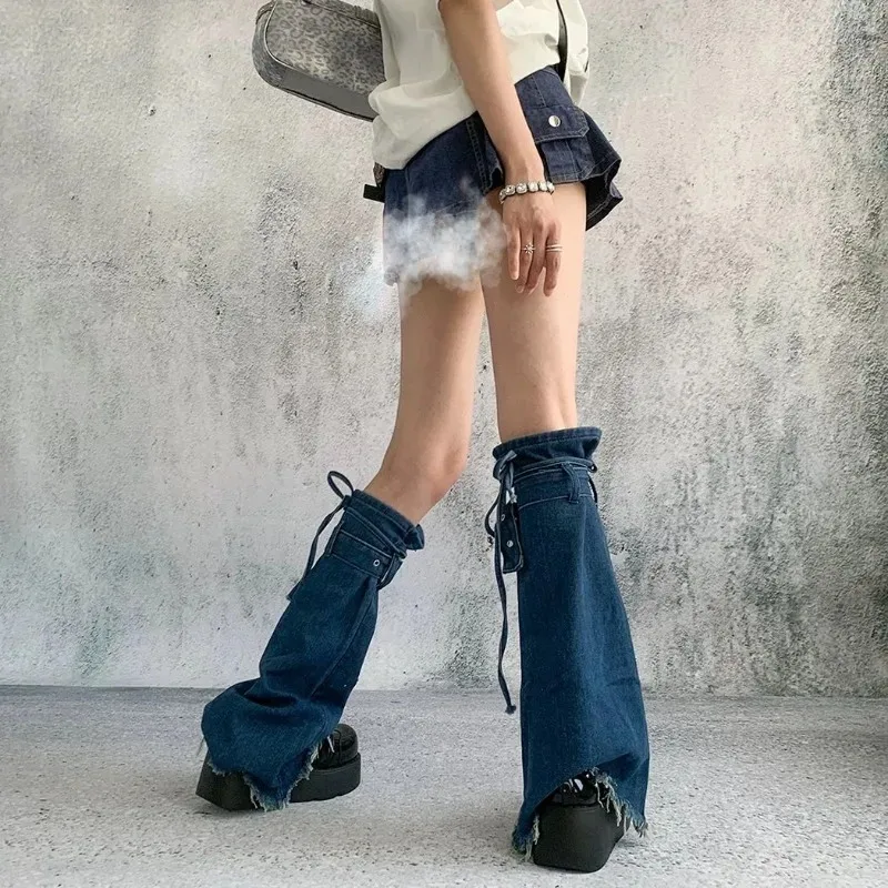 Denim Leg Warmers Y2K Blue Vintage Edge Grunge Punk Lace Up Socks Women's Autumn Socks Cover Accessories