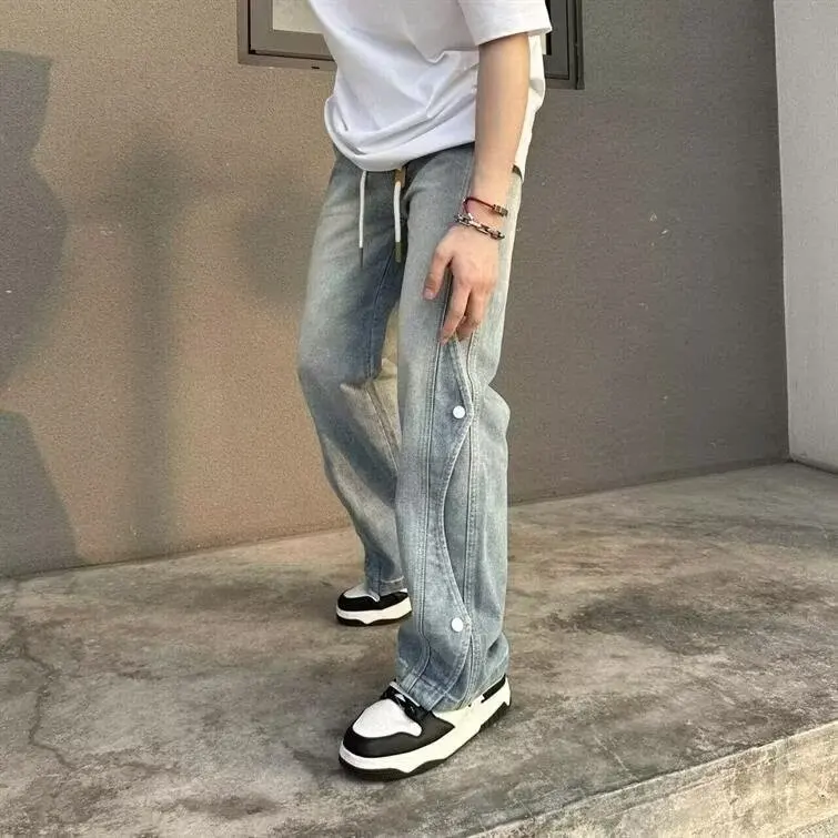 

Мужские джинсы American Sle свободного кроя с широкими штанинами, прямые, повседневные, универсальные, в стиле Dad Pants, на пуговицах, из денима, со средней посадкой, из полиэфирного волокна