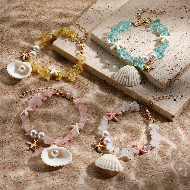 New Trendy Sea Shell Pendant Bracelet for Women Men Handmade Crushed Stones Starfish Bracelets Summer Beach Jewelry Gift