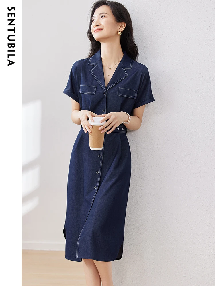 Sentrubila-Robe en denim cargo pour femme, robe droite midi à revers avec ceinture, style cargo, été 2023, 132L49550