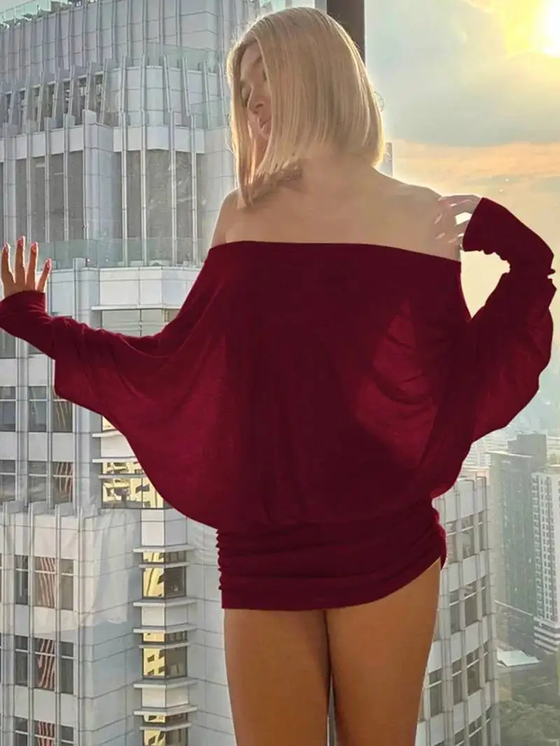 Loose Casaul Thin T Shirt Mini Dress Women's Long Sleeve Boat Neck Off Shoulder Blouse Dress Hot Sexy Korean Women Tops
