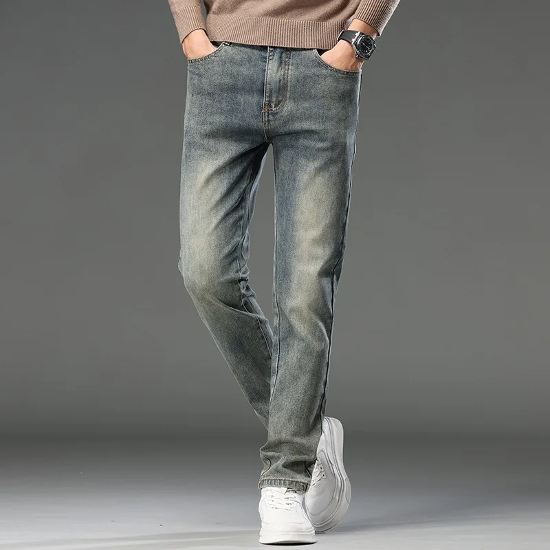 Celana Jeans Pria Model Straight-Leg Musim Semi & Gugur Terbaru, Kualitas Tinggi, Bahan Stretch