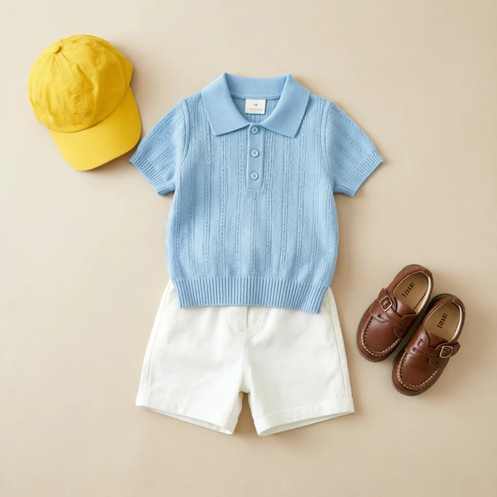 

Children's Set Summer New Boys' Hollow Polo Neck Short Sleeve Knitted Shirt+Casual Shorts 2-piece Set