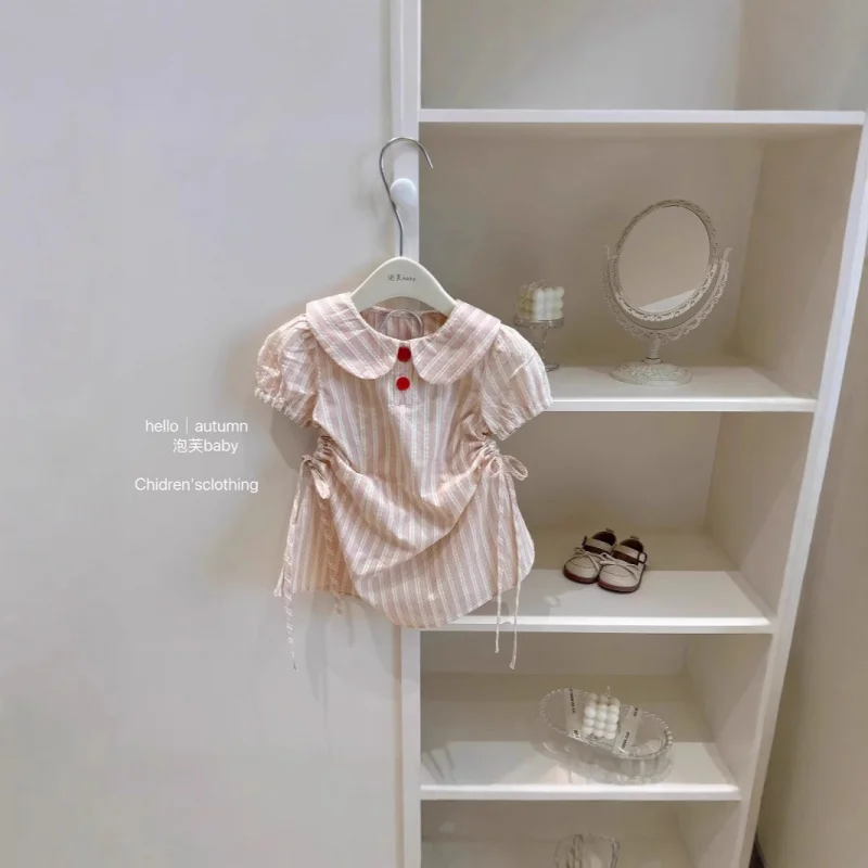 

2026New Summer College-Style Pink Striped Dress for Baby Girls, Summer Waist-Cinching Elegant Dress for Girls