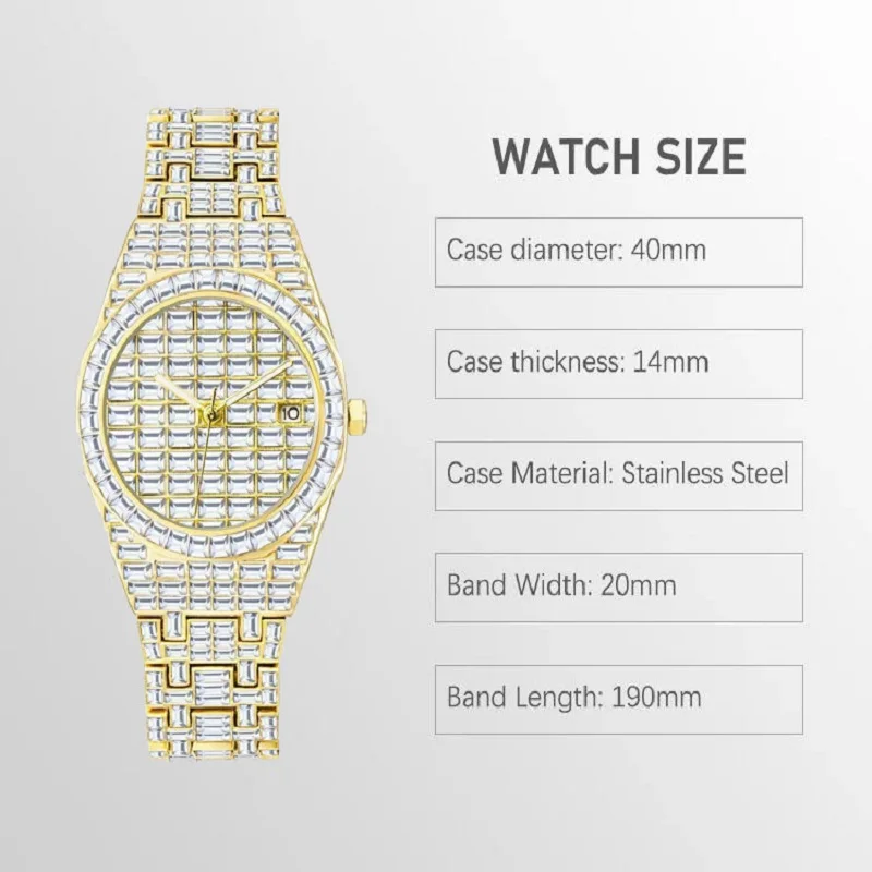 MISSFOX Luxury Iced Watches Fashion Mens Automatic Date Waterproof Quartz Clocks Hip Hop Full Diamond Gold Wristwatch Rolej 2023