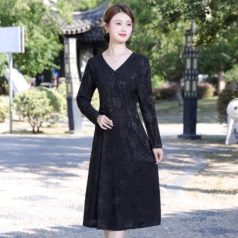 중년 노인 여성을위한 우아한 유행 가을 드레스 느슨한 핏 슬리밍 긴 소매 어머니의 플러스 사이즈