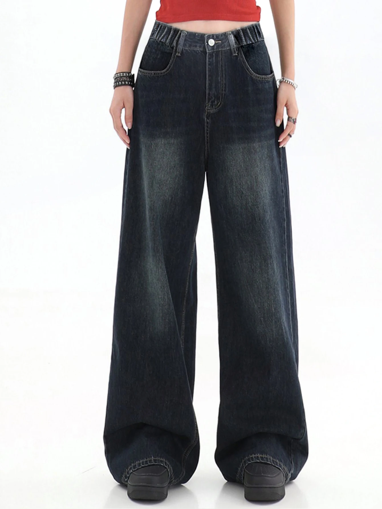 

Teenage girls' vintage dark blue straight-leg jeans - loose, casual wide-leg straight pants