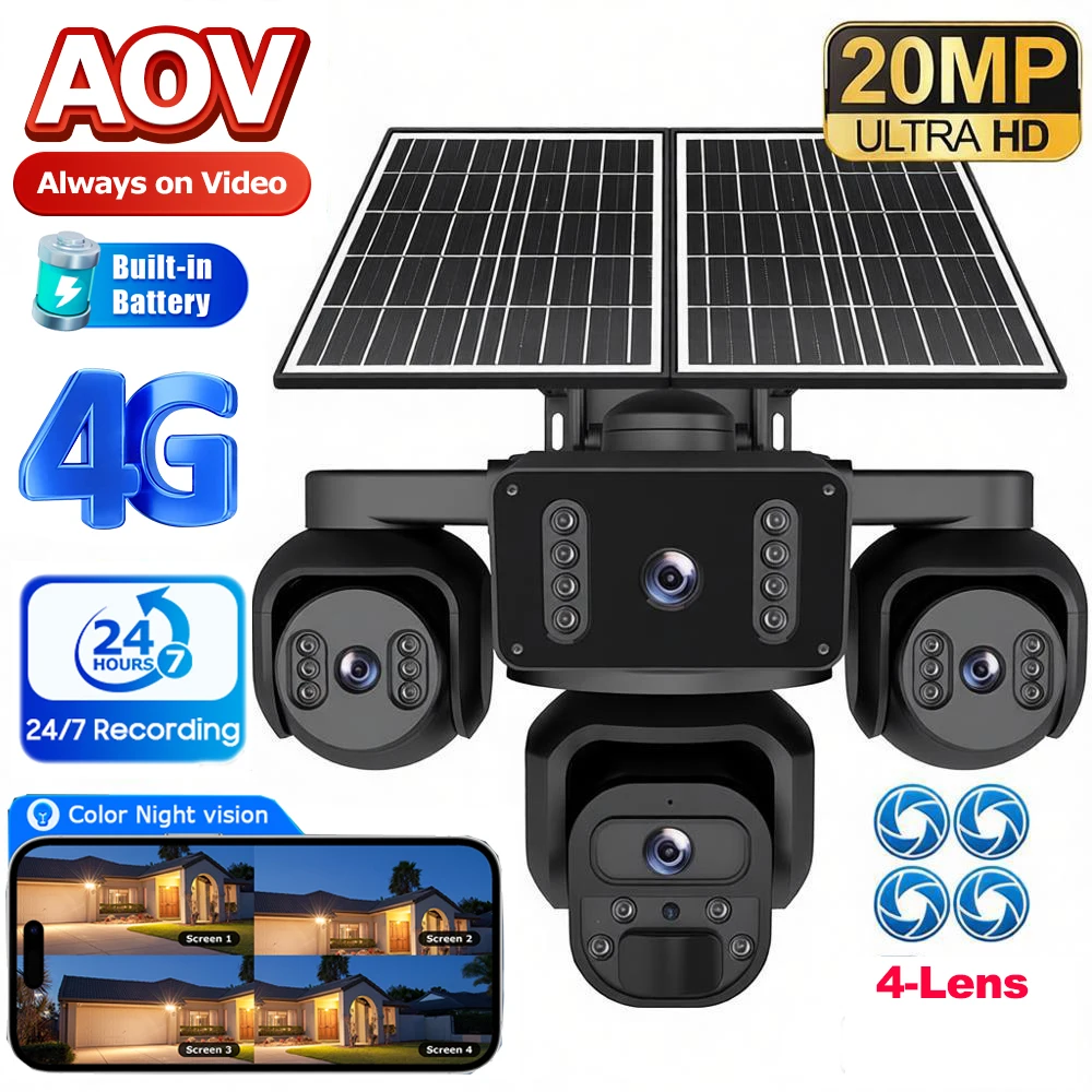 

SHIWOJIA 20MP Solar Security Camera 4G SIM AOV 4-Screens 24/7 Recording 20W Solar Panel 20100mAh Battery Video Surveillance PIR