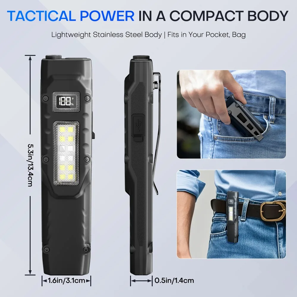 8 Modes EDC Tactical Rechargeable LED Flashlight Dual Switches Design with Digital Power Display for Camping Outdoor Emergency