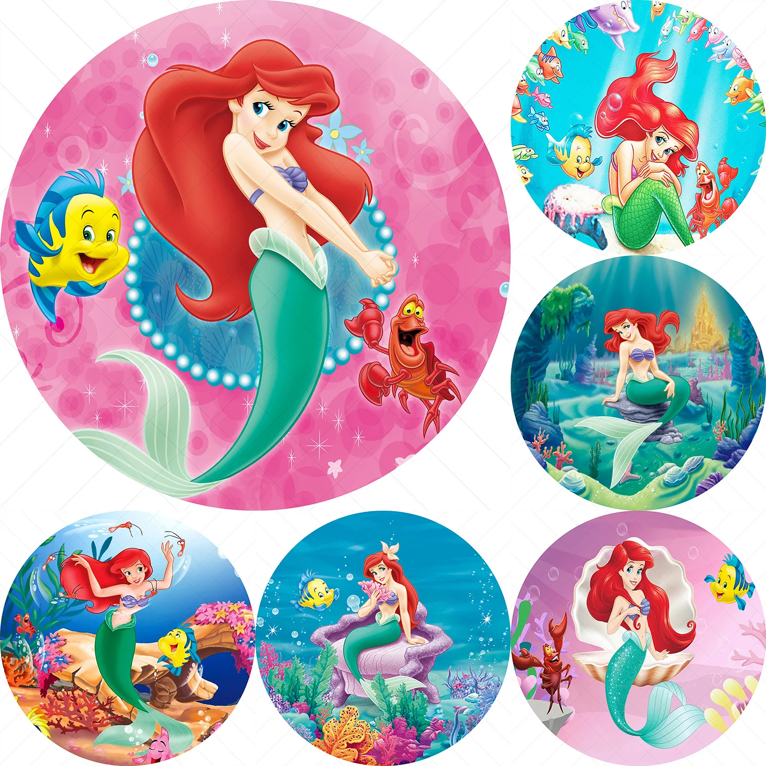 

Round Mermaid Princess Ariel Background Kids Birthday Party Backdrop Circle Seabed Banner Photography Decoration Props