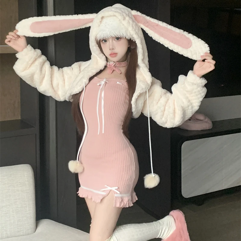 Autumn Winter Sweet Lolita Style 2 Piece Set Women Kawaii Bunny Ear Hooded Wool Coat Sexy Bow Slip Dress Female Korean Cute Suit