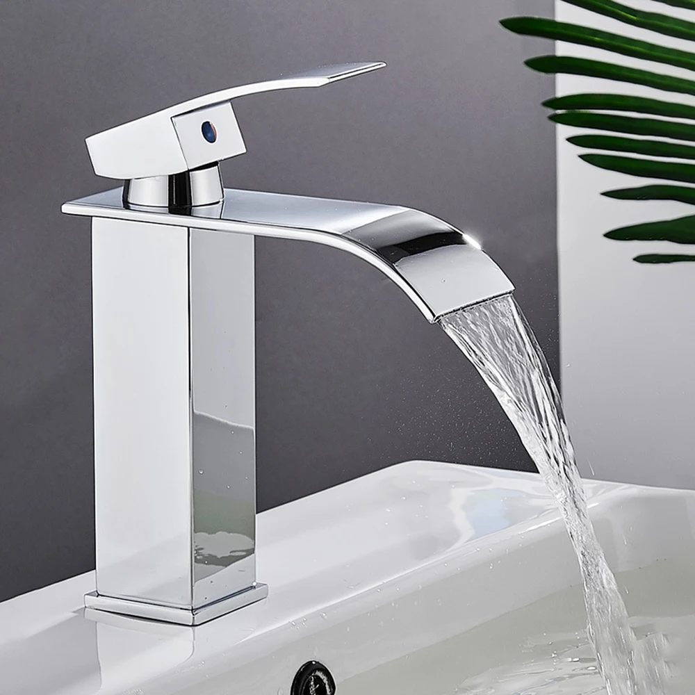 

Bathroom Waterfall Basin Faucet Sink Water Tap Brass Bath Faucet Hot&Cold Water Mixer Vanity Tap Deck Mounted Washbasin Tap